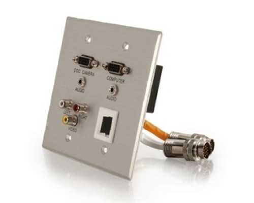 C2G  CG60034  CG60034                 Multi-Format Wallplate, Keystone, Integrated Dual VGA Female/3.5 MM Stereo Female/RCA Composite Video Female to RCA Stereo Audio Female, RapidRun 15-Pin Male, Aluminum