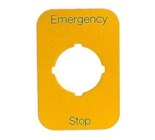 ABB  1SFA611930R1019   Emergency stop legend plate with black text Emergency Stop on a yellow aluminum plate