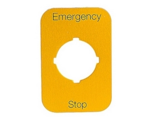 ABB  1SFA611930R1019   Emergency stop legend plate with black text Emergency Stop on a yellow aluminum plate