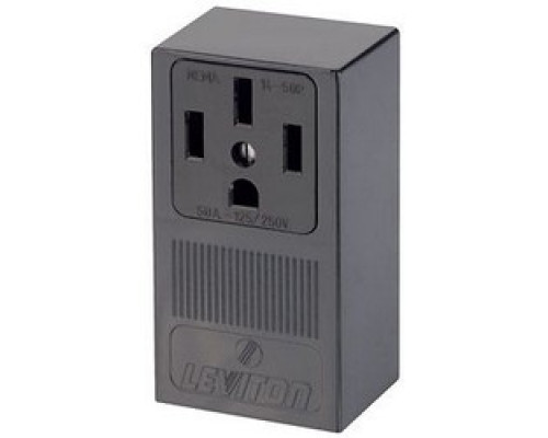 LEVITON  55050   50 Amp, 125/250 Volt, NEMA 14-50R, 3P, 4W, Surface Mounting Receptacle, Straight Blade, Industrial Grade, Grounding, Side Wired, Steel Strap, Black