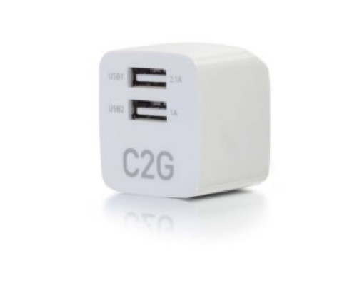 C2G  CG22322  CG22322                 USB Wall Charger, 2-Port, AC to USB Adapter, 5 Volt/2.1 Ampere Output, NEMA 1-15 Male to USB-A Female Connector, White