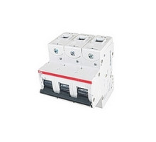 ABB  S803S-K63   3 pole, 63 amps rated at 690 V AC, IEC series high performance circuit breaker with thermal-magnetic trip device, K trip curve, and 50kA interrupt current rating