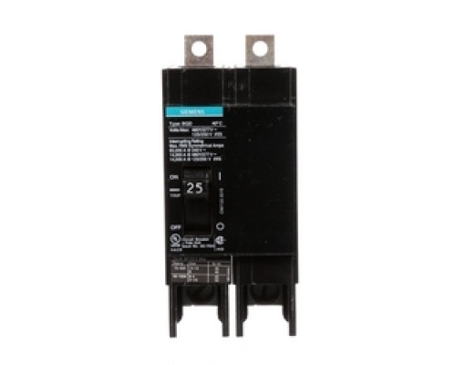 SIEMENS  US2:BQD225  BQD225   Molded Case Circuit Breaker, Thermal Magnetic, Panelboard Mount, 2 Pole, 480 Star/277 Volt AC, 50/60 Hertz, 125/250 Volt DC, 25A, 14 kA Interrupting Rating