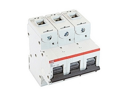 ABB  S803S-C63   3 pole, 63 amps rated at 690 V AC, IEC series high performance circuit breaker with thermal-magnetic trip device, C trip curve, and 50kA interrupt current rating