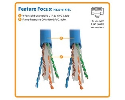 TRIPP LITE  N223-01K-BL   Cat6a 10G Bulk UnShielded Solid-Core PVC CMR Cable, Blue, 1000 ft.