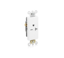 LEVITON  16451-W                 20 Amp, 250 Volt, NEMA 6-20R, 2P, 3W, Decora Plus Single Receptacle, Straight Blade, Commercial Grade, Self-Grounding, Back & Side Wired, Steel Strap, White