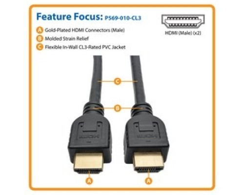 TRIPP LITE P569-010-CL3         High-Speed HDMI Cable with Ethernet and Digital Video with Audio, UHD 4K x 2K, In-Wall CL3-Rated M/M , 10 ft.