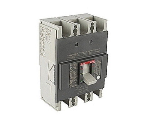 ABB  A2A150TW   3 pole, 150 amps rated at 240V AC and 250V DC, fixed trip point molded case circuit breaker, with a thermal magnetic trip device and 10kA at 240V AC and 10kA at 250V DC interrupt current rating