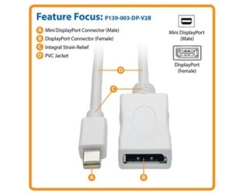 TRIPP LITE P139-003-DP-V2B         Keyspan Mini DisplayPort 1.2a to DisplayPort Cable Adapter and Video Converter, 4K x 2K/3840 x 2160 M/F @ 60 Hz, HDCP 2.2, 3 ft.