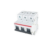 ABB  S803S-D63   3 pole, 63 amps rated at 690 V DC, IEC series high performance circuit breaker with thermal-magnetic trip device, D trip curve, and 50kA interrupt current rating