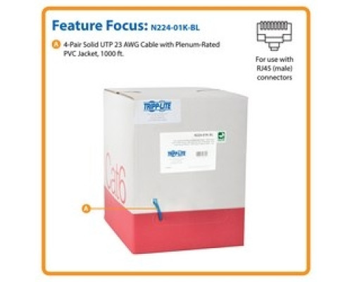 TRIPP LITE  N224-01K-BL   Cat6 Gigabit Bulk Solid-Core Plenum-Rated CMP Cable, Blue, 1000 ft.