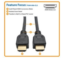 TRIPP LITE P569-006-CL3         High-Speed HDMI Cable with Ethernet and Digital Video with Audio, UHD 4K x 2K, In-Wall CL3-Rated M/M , 6 ft.