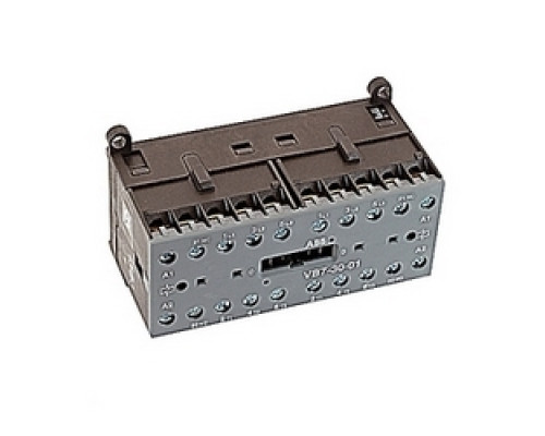 ABB  VB7-30-01-84   3 pole, plus 2 NC auxiliary contacts, 16 amp, mechanically interlocked miniature contactor, 110-127V AC coil and screw terminals