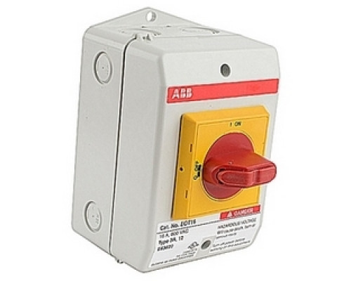 ABB  EOT16U3P3-S1   3 pole, 16 amps rated at 600 V AC, UL 508, enclosed non-fusible disconnect switch in a UL/NEMA 3R/12 plastic enclosure