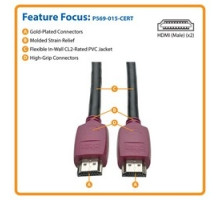 TRIPP LITE P569-015-CERT         Premium High-Speed HDMI Cable with Ethernet and Gripping Connectors, HDMI 2.0, UHD 4K x 2K @ 60 Hz M/M , 15 ft.