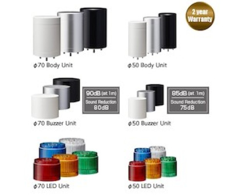 PATLITE USA CORPORATION LR7-02WTNU  70mm diameter UL CE IP65 24V DC, Base Unit, Direct Mount/Terminal, No Flashing/Buzzer, Silver