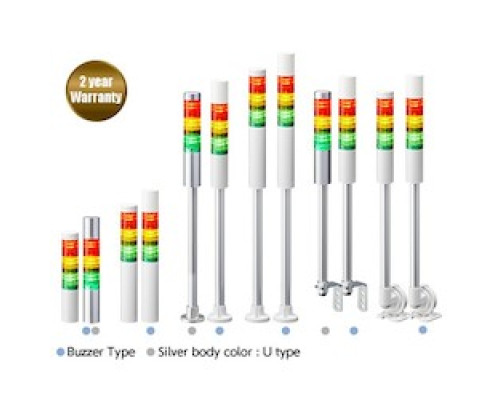 PATLITE USA CORPORATION LR4-302QJBW-XXX  40mm diameter UL CE IP65 24V DC, Pole Mount/Cable, Flashing/Buzzer, Off-white, 3 Tier