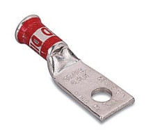 THOMAS & BETTS  54104BS                 Copper One-Hole Lug, Standard Barrel, Bell Shaped End, Peep Hole, Max 35kV, Wire Size #8 AWG, #10 Bolt Size, Tin Plated, Die Code 21, Red