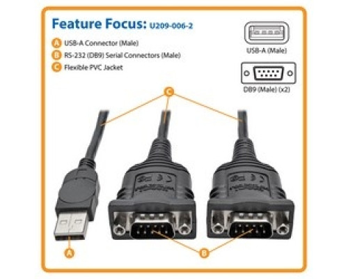 TRIPP LITE U209-006-2         2-Port USB to DB9 Serial FTDI Adapter Cable with COM Retention M/M , 6 ft.