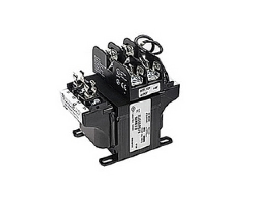ABB  X4750PS1   750 VA rating 6 terminal transformer with 6.52 output amps with a primary fuse block and a secondary fuse clip