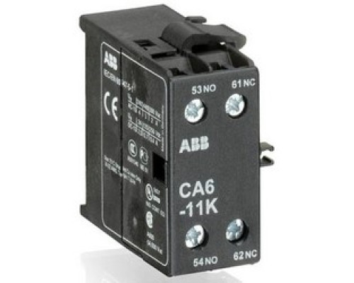 ABB  CA6-11K   Auxiliary Contact, 600 Volt AC/DC, 22 to 10 AWG Stranded, 7 Lb-Inch, 20.3 MM Length x 46.5 MM Width x 48.5 MM Height, IP20, For K6/KC6 Mini Contactor