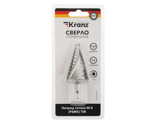 Step drill for metal TITAN 9.0-36.0 mm 110 mm 65 HRC P6M5 TiN Kranz (KR-12-6614)