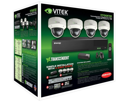 Vitek VT-TH2KT84TD-2 8 Channel 1080P 4-IN-1 (TVI/AHD/CVI/CVBS) DVR, 4TB with 4 x 2 Megapixel Dome Cameras, 2.8mm Lens