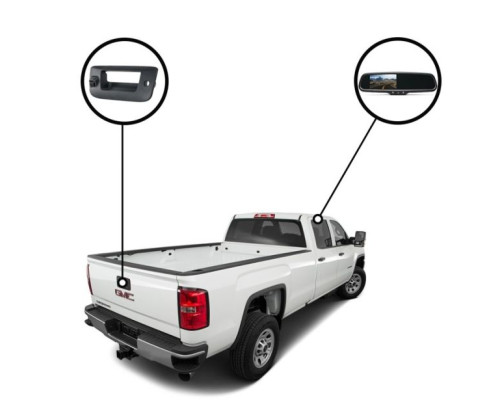 RVS Systems RVS-718517-03 Tailgate Backup Camera System for GMC Sierra 3500HD, Mirror Monitor with Compass and Temperature, 33ft Cable