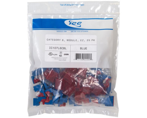 ICC IC107L6CBL EZ CAT 6 Keystone Jacks, 25-Pk, Blue