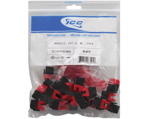 ICC IC107L6CBK EZ CAT 6 Keystone Jacks, 25-Pk, Black