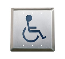 Camden Door Controls CM-45-2-SBDP 4-1/2' Square Push Plate Switch, 'WHEELCHAIR' Symbol, Blue DPDT Satin Brass Finish