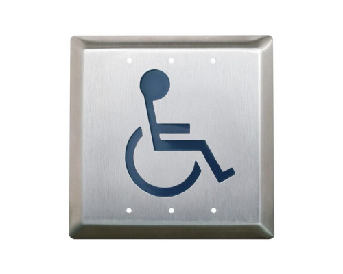 Camden Door Controls CM-45-2-SBDP 4-1/2' Square Push Plate Switch, 'WHEELCHAIR' Symbol, Blue DPDT Satin Brass Finish