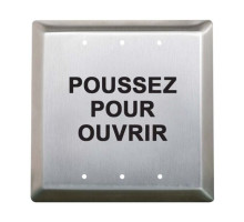 Camden Door Controls CM-45-3FE 4-1/2' Square Push Plate Switch, 'POUSSEZ POUR OUVRIR', Black Graphics