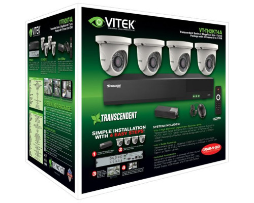 Vitek VT-TH2KT48TA-2 4 Channel 1080P 4-IN-1 (TVI/AHD/CVI/CVBS) DVR, 8TB, 4 X 2 Megapixel Turret Cameras, 2.8mm