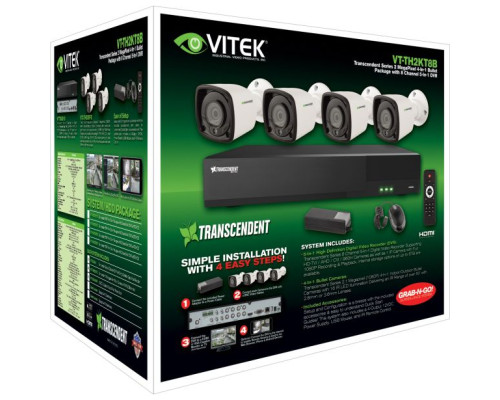 Vitek VT-TH2KT82TB-2 8 Channel 1080P 4-IN-1 (TVI/AHD/CVI/CVBS) DVR, 2TB with 4 X 2 Megapixel Bullet Cameras, 2.8mm Lens