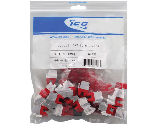 ICC IC107L6CWH EZ CAT 6 Keystone Jacks, 25-Pk, White