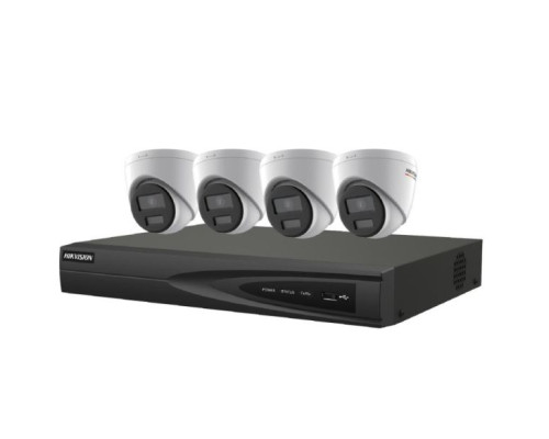 Hikvision EKI-K41T44C Kit, Four 4MP Outdoor ColorVu Turret Cameras with 2.8mm Lens and 4 Channel 4K NVR with PoE