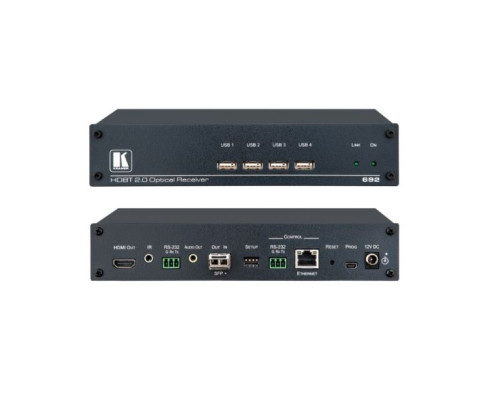 Kramer 692 4K60 4:2:0 HDMI MM/SM Fiber Optic Receiver with USB, Ethernet, RS-232, IR & Stereo Audio De-embedding Over Ultra-Reach HDBaseT 2.0