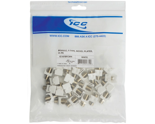 ICC IC107BFCWH F-Type Keystone Jack, Nickel, 25-Pk, White