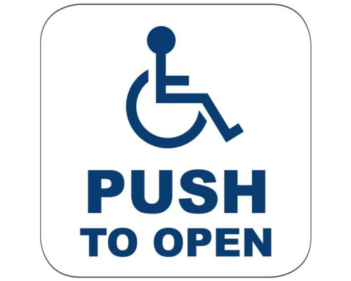 Camden Door Controls CM-25-4 Narrow Push Plate Switch, Vertical Mounting, 'WHEELCHAIR' Symbol and 'PUSH TO OPEN', Blue