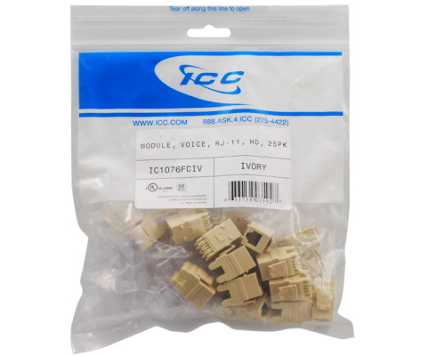 ICC IC1076FCIV HD RJ-11 Keystone Jacks, 25-Pk., Ivory