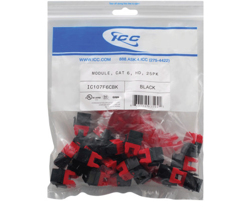 ICC IC107F6CBK HD CAT 6 Keystone Jacks, 25-Pk, Black