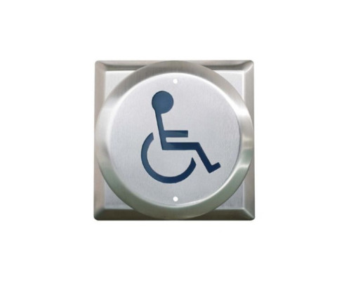 Camden Door Controls CM-41K-2 4-1/2' Stainless Steel Round Push Plate Switch with Square Back Plate 'WHEELCHAIR' Symbol, Blue