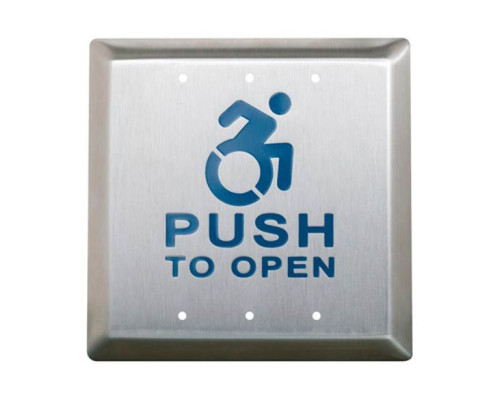 Camden Door Controls CM-45-A454 4-1/2' Square Push Plate Switch, 'ACTIVE WHEELCHAIR' Symbol and 'Push to Open' Text