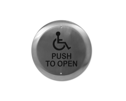 Camden Door Controls CM-40-4 4 1/2' Round Push Plate Switch, 'WHEELCHAIR' Symbol and 'PUSH TO OPEN', Blue