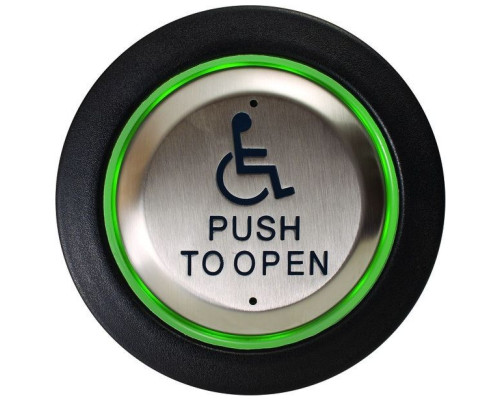 Camden Door Controls CM-40-2AL57 4 ½ Round Push Plate, c/w Sounder, Illuminated Green/Red Flush Mount CM-57GR Box, WHEELCHAIR Symbol with Arrow Left, Blue Graphics