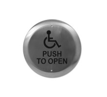 Camden Door Controls CM-40-4 4 1/2' Round Push Plate Switch, 'WHEELCHAIR' Symbol and 'PUSH TO OPEN', Blue