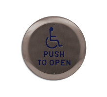 Camden Door Controls CM-40-4-OB 4 1/2' Round Push Plate Switch with 'WHEELCHAIR' Symbol and 'PUSH TO OPEN' in Blue, Oil Rub Bronze Finish (US10B/613)