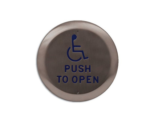 Camden Door Controls CM-40-4-OB 4 1/2' Round Push Plate Switch with 'WHEELCHAIR' Symbol and 'PUSH TO OPEN' in Blue, Oil Rub Bronze Finish (US10B/613)