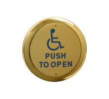 Camden Door Controls CM-40-4-PB 4 1/2' Round Push Plate Switch with 'WHEELCHAIR' Symbol and 'PUSH TO OPEN' in Blue, Polished Brass (US3/605)